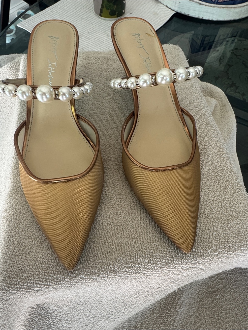 Betsey Johnson Gold Pearl-Embellished Pointed Mules - Picture 5 of 6